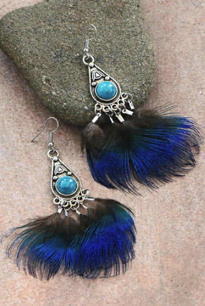 Boho Peacock Feather Drop Earrings